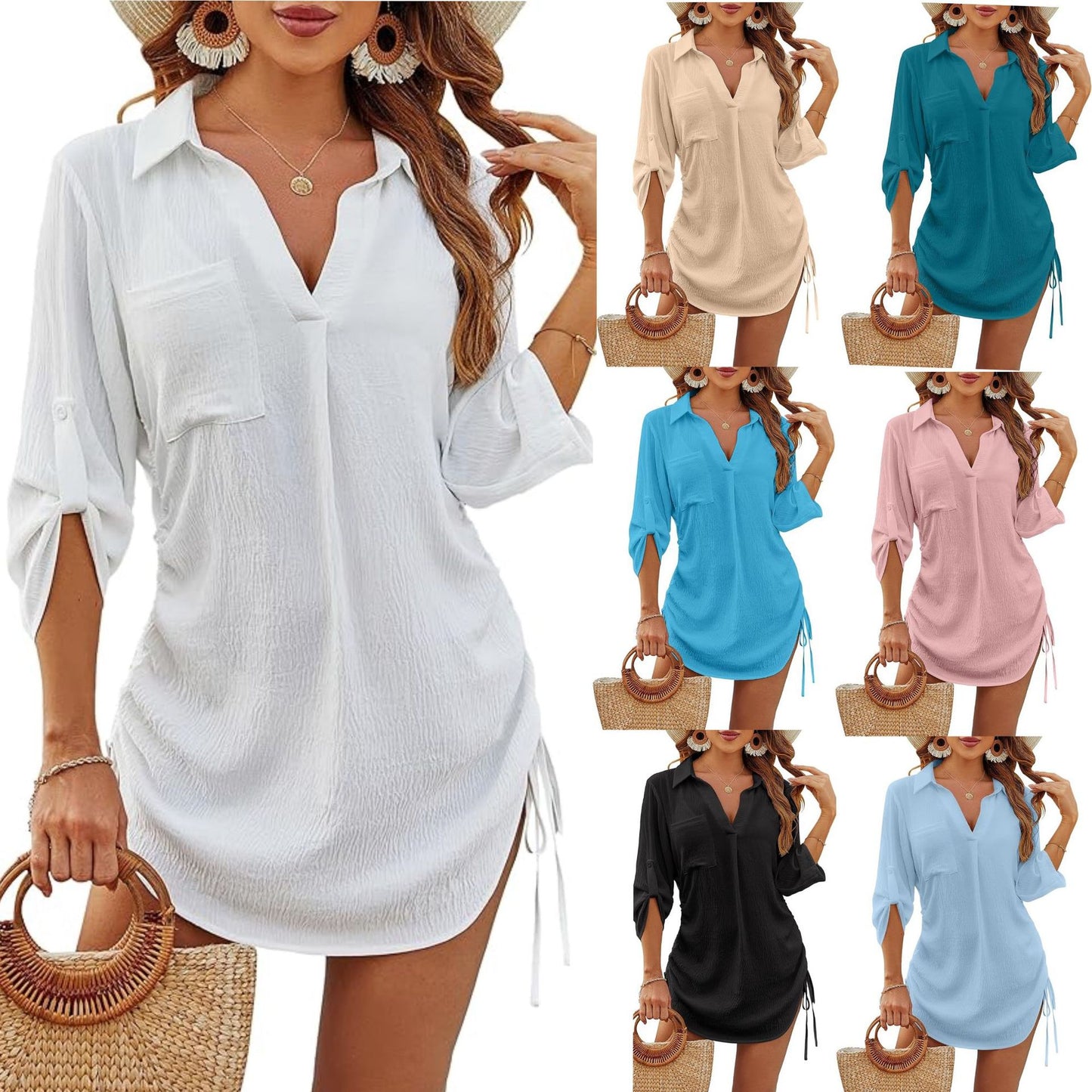 Women's loose drawstring cropped blouse with relaxed fit, shown in a casual everyday style