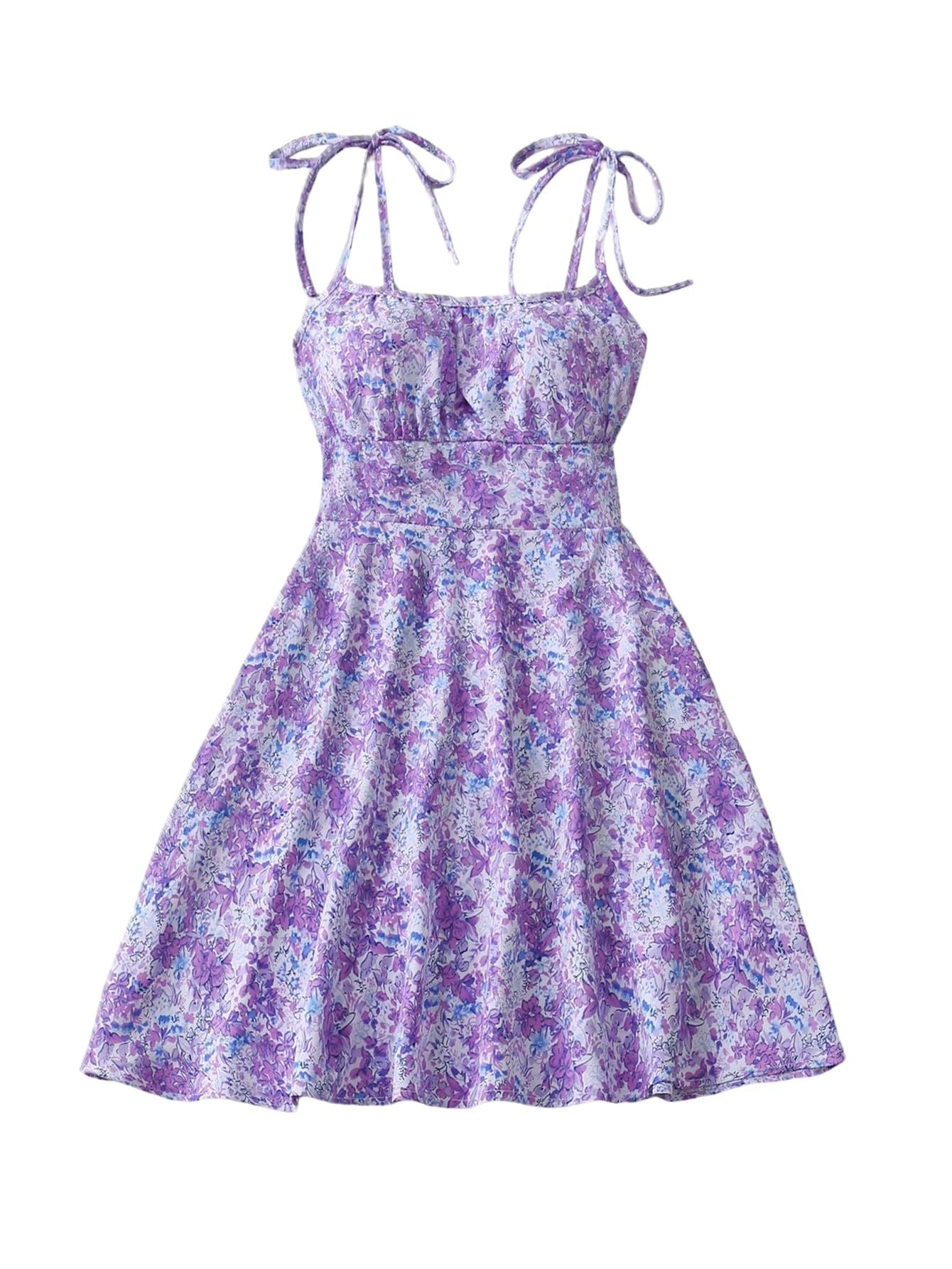 Women's floral print A-line midi dress with a casual summer style, shown in a close-up detail view