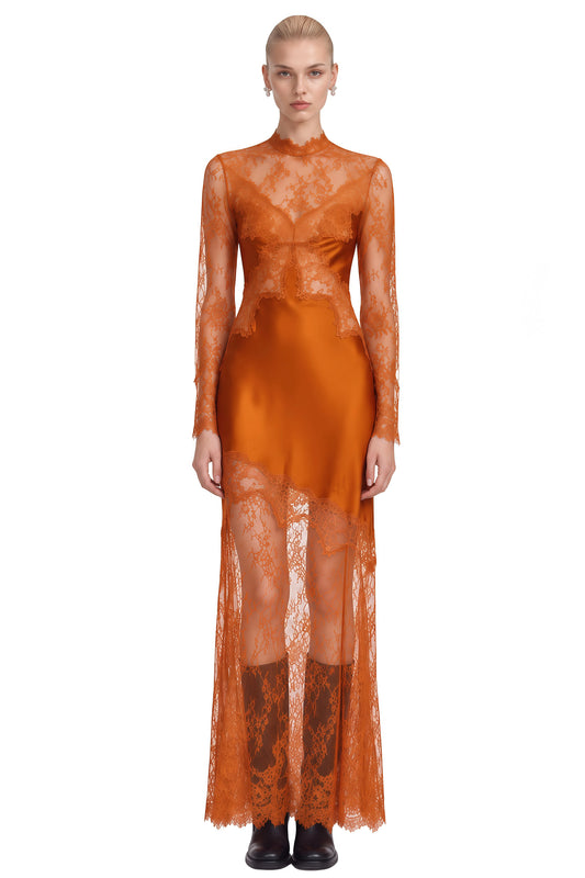 Lace & Satin Maxi Dress Orange
