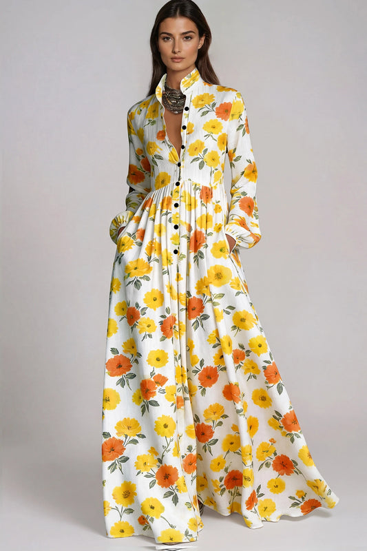 Fizza - Plunge-Neck Ruched Floral Maxi Dress Yellow