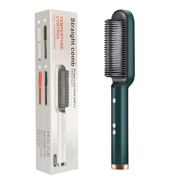 2-in-1 hair straightener and curling brush with negative ion technology shown from the side, highlighting the bristle design