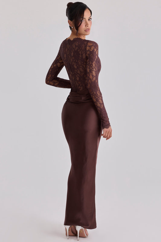 Elara Espresso Lace & Satin Two-Piece Gown