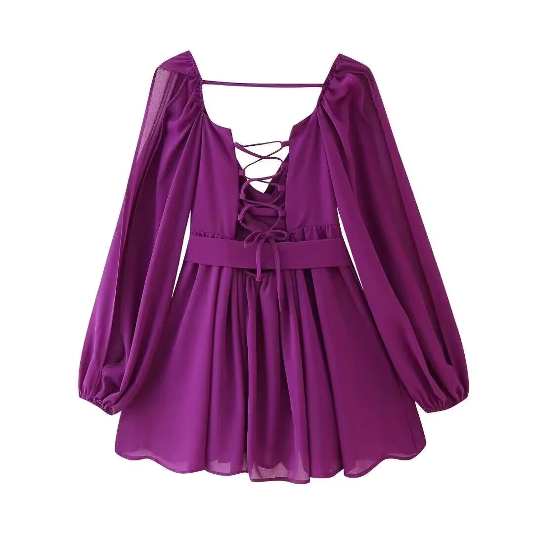 Puff Sleeve Lace-Up Wrap Dress
