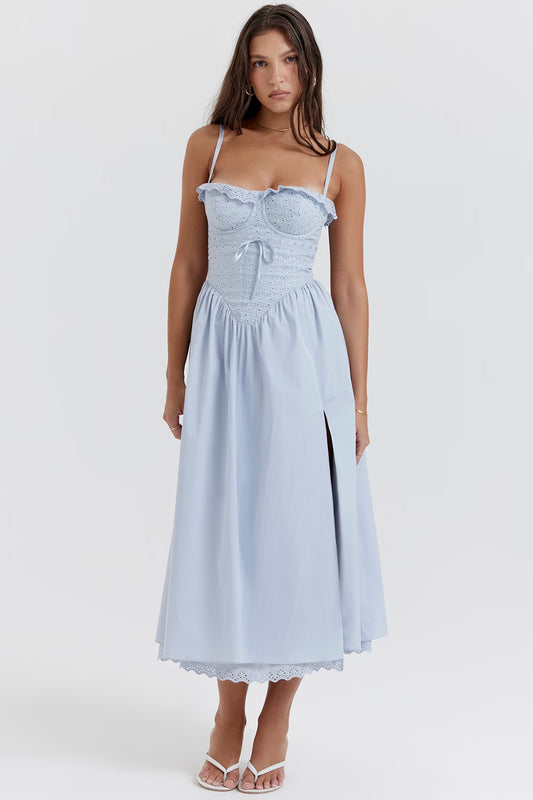 Soft Blue Cotton Broderie Anglaise Midi Sundress
