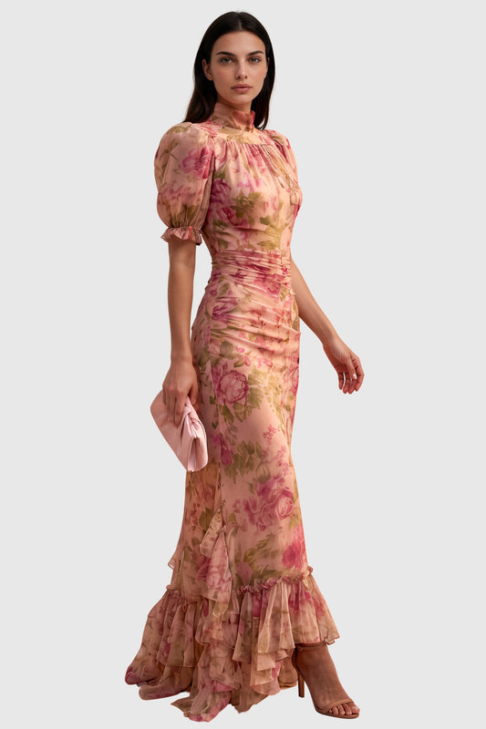 Inola - Puff-Sleeve Floral Maxi Dress Pink