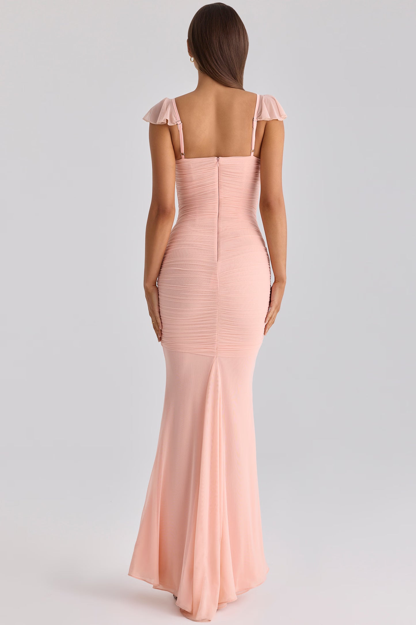 Peach Ruched Mesh Silhouette Maxi Dress