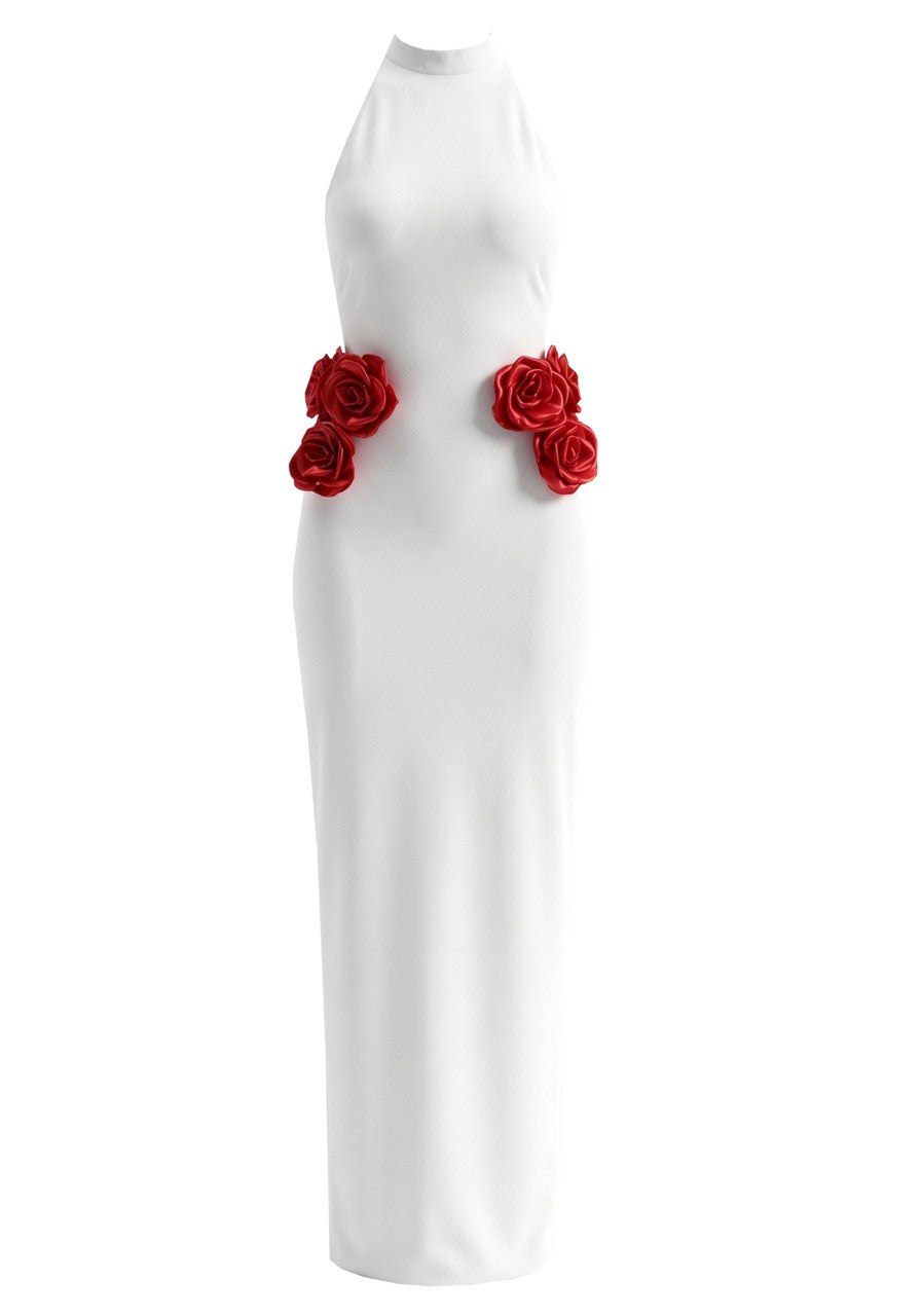Halter Floral Maxi Dress White Red