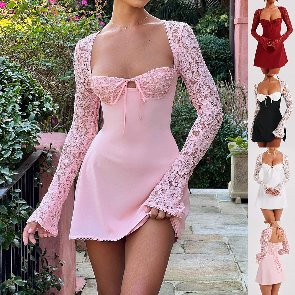 Y2K lace corset mini dress with long sleeves and an open backless design, shown in a fitted silhouette