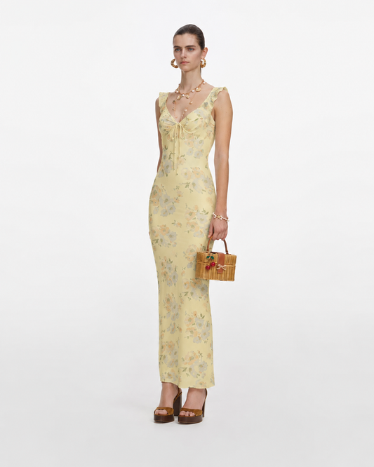 Yellow Floral V-Neck Maxi Dress