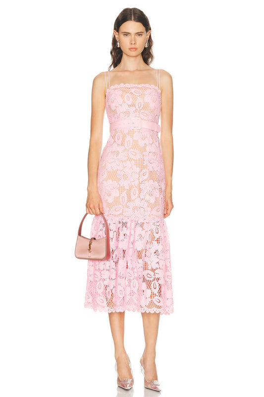 Zefi Guipure Lace Belted Midi Dress
