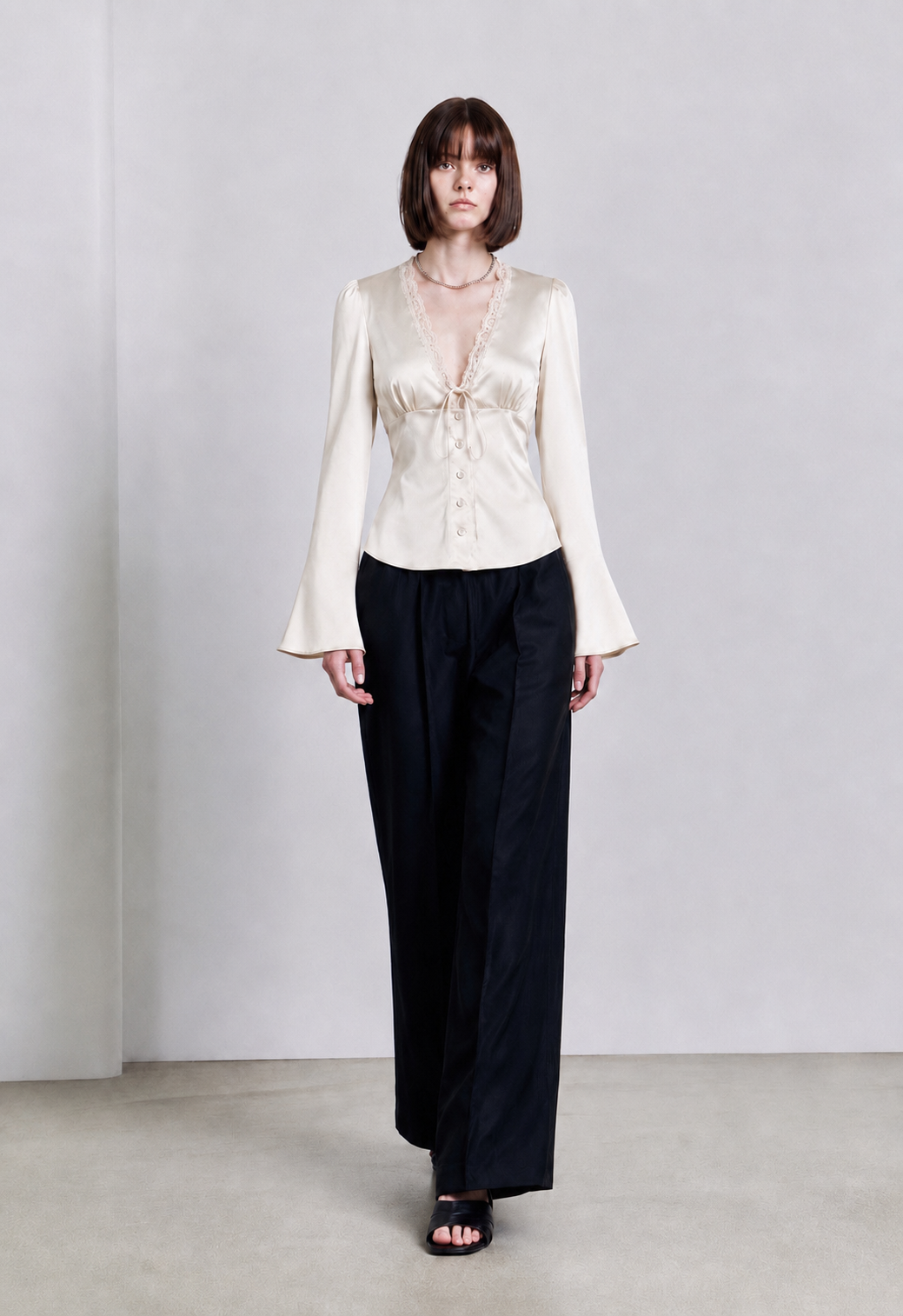 Lace-Trim Satin Tie-Front Blouse