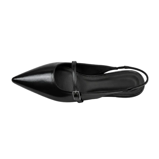 Black Pointed-Toe Buckle Slingback Flats