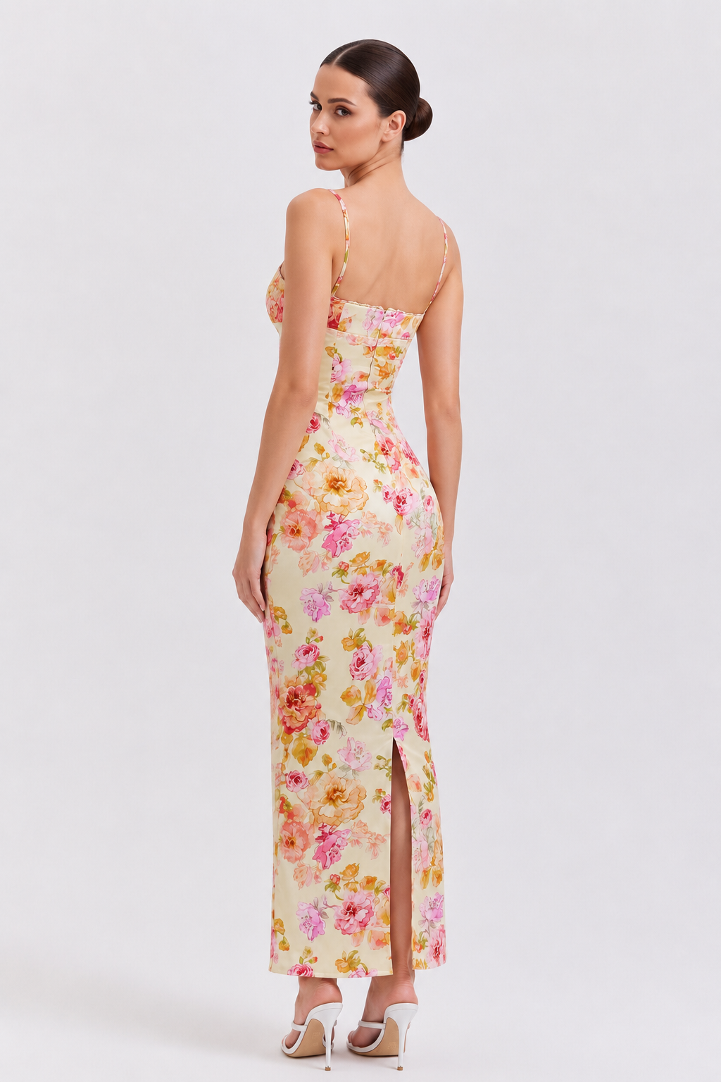 Ivory Floral Lace-Trim Satin Maxi Dress