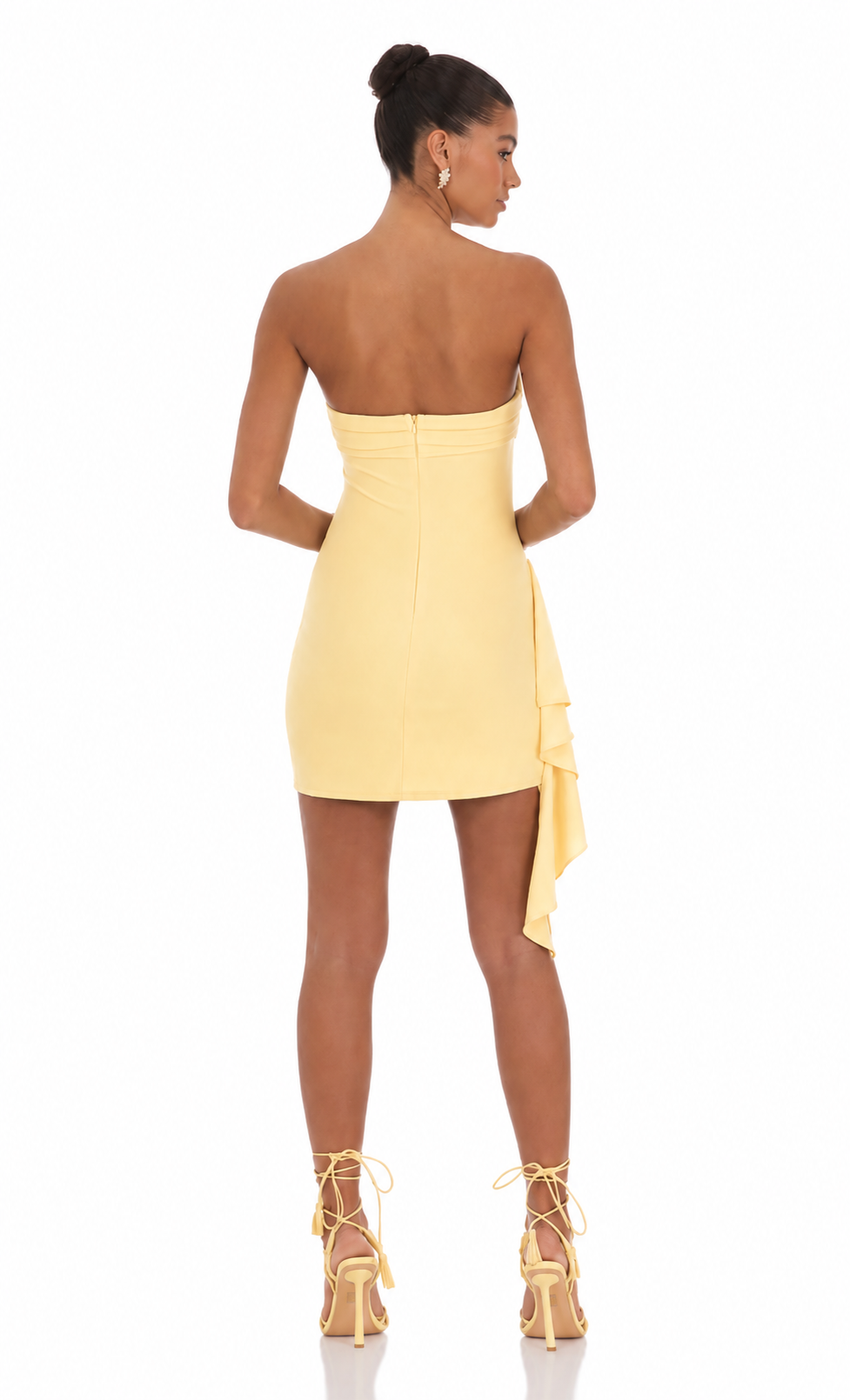 Strapless Ruched Tassel Dress in Light Yellow