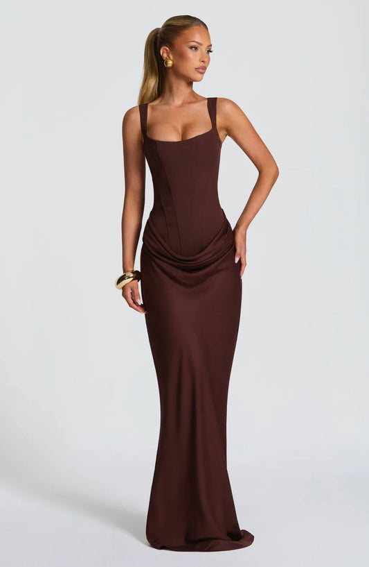 Chocolate Brown Sculpted Corset Draped Maxi Dress