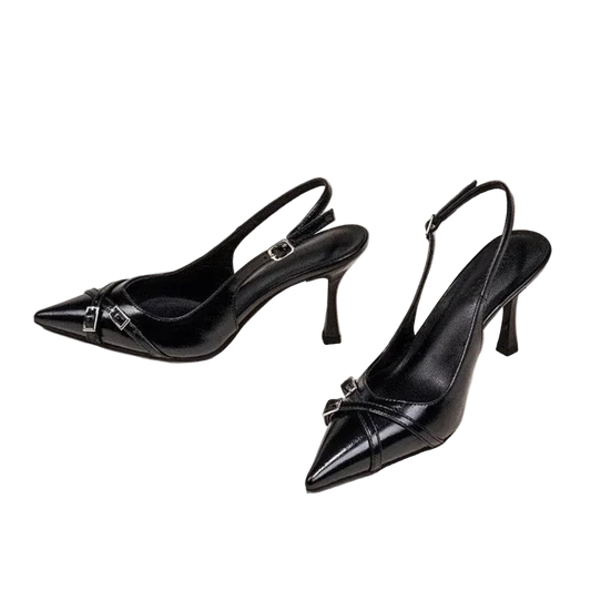 Black Double-Buckle Patent Slingback Pumps