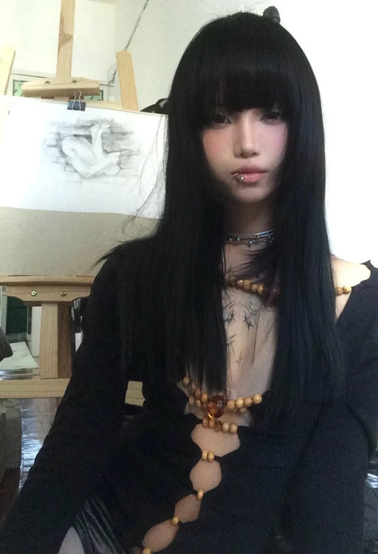 Beaded Cut-Out Top Black