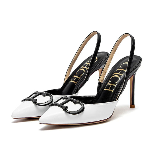 White Pointed-Toe Buckle Slingback Pumps