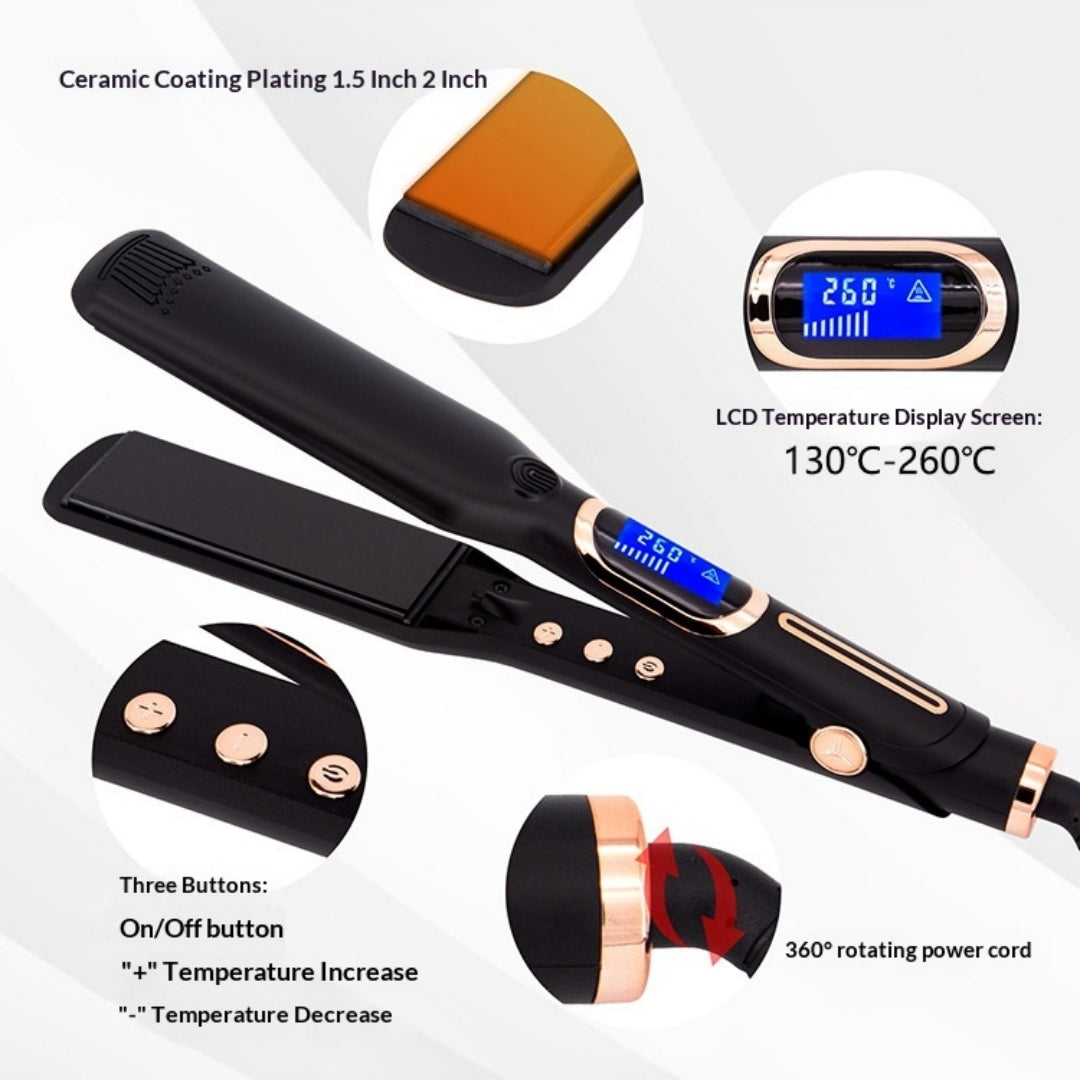 Negative ion flat iron with sleek ceramic plates shown at an angle highlighting the professional-grade design
