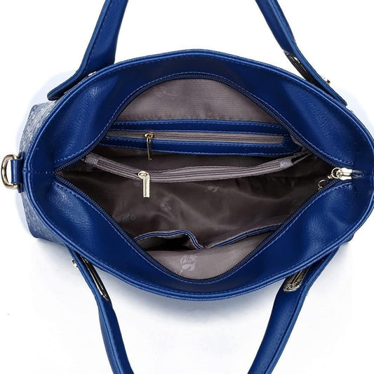 Women's 4-piece PU leather handbag set showing tote, shoulder bag, crossbody bag, and card holder in coordinating style