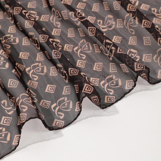 Coffee brown woven shawl scarf with vintage geometric pattern, draped as a wrap over shoulders