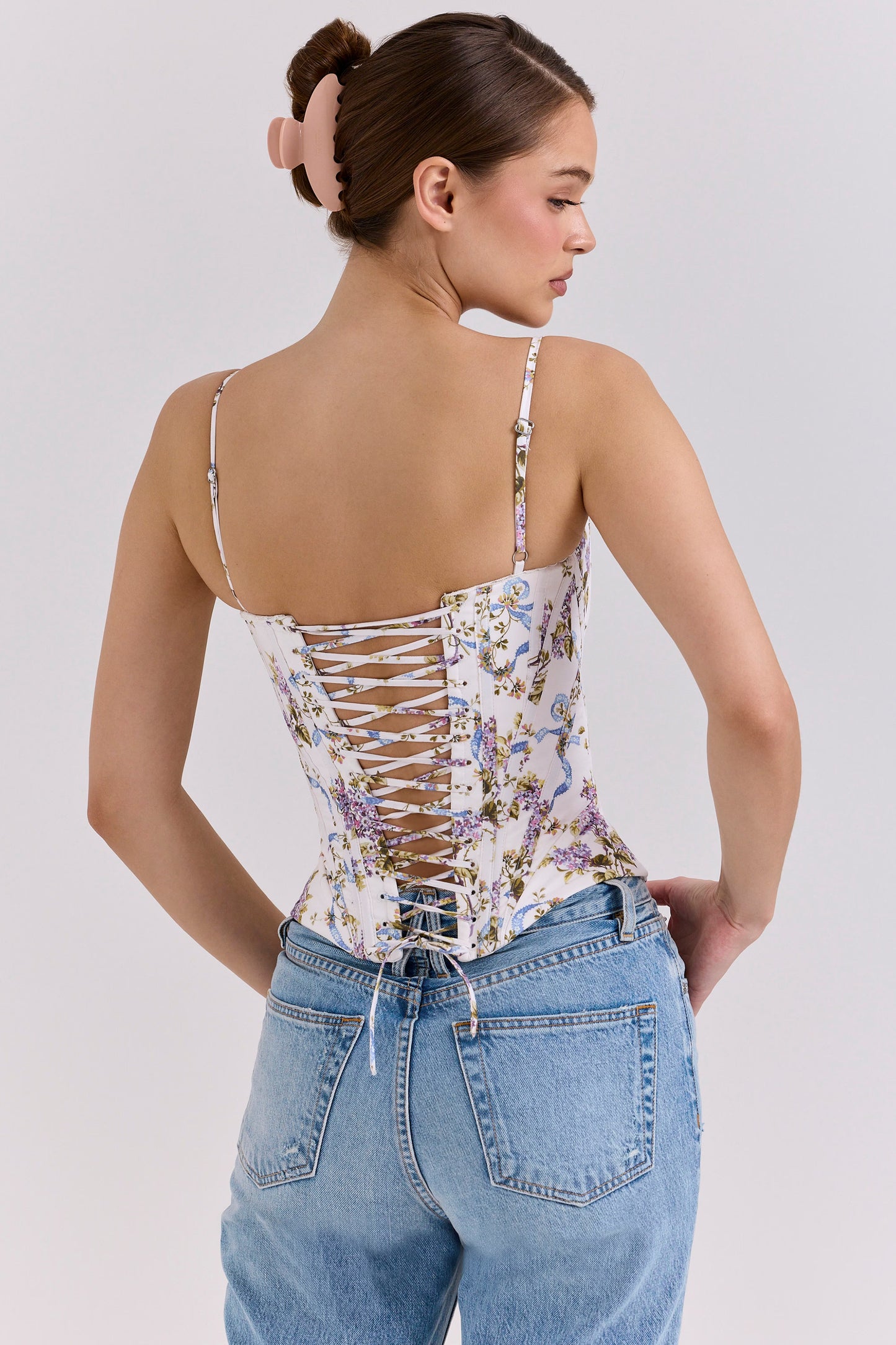 White Floral Lace-Up Corset Top