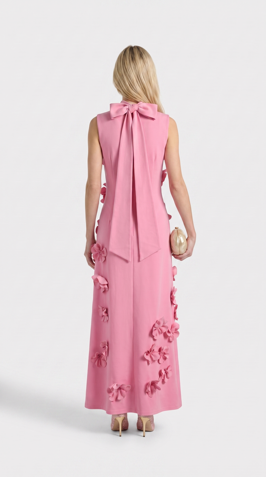 Conta Pink 3D Floral Appliqué Mock-Neck Maxi Gown