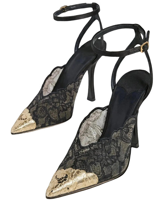 Kiva - Lace Embroidery Metal Pointed Heels Black