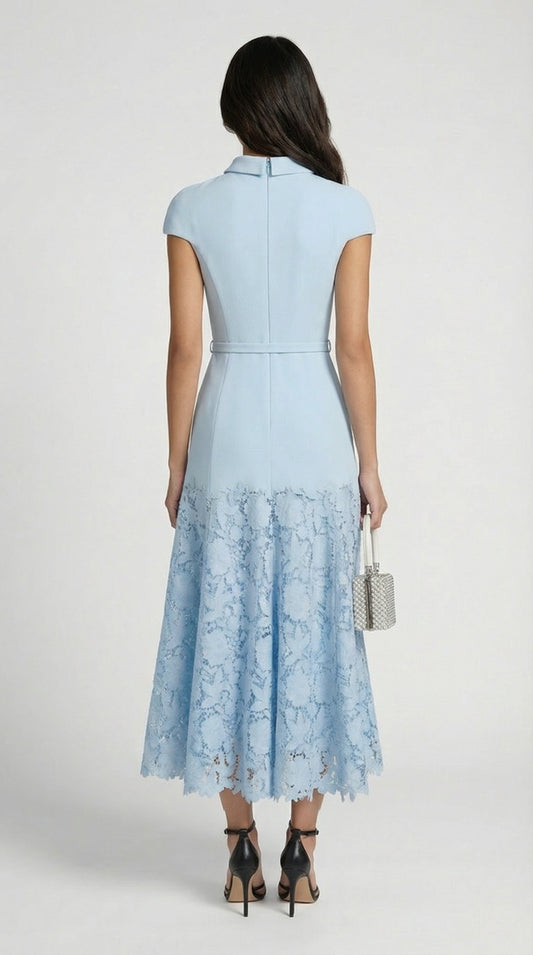 Mirana French Blue Lace-Trimmed Midi Dress