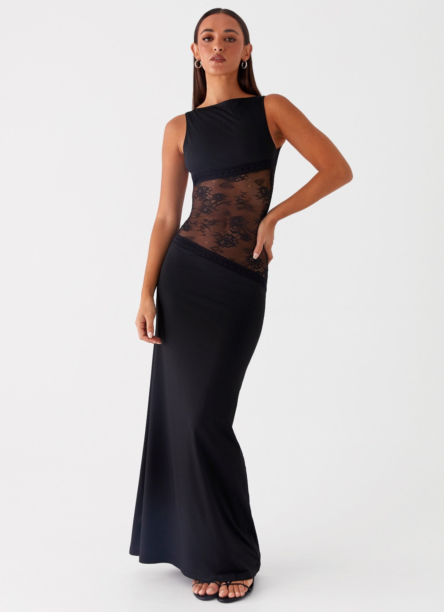 Lace Satin Backless Maxi Dress Black