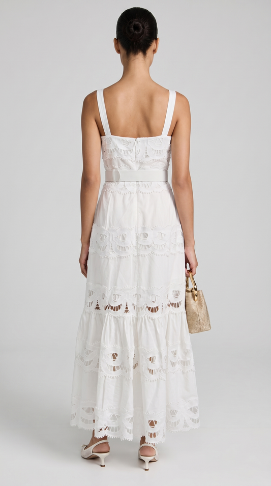 Elowen - Belted Eyelet Lace Maxi Dress White