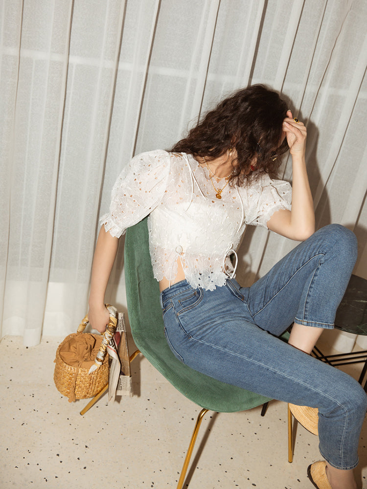 Sweetheart organza bubble sleeve blouse with floral embroidery in a romantic Korean style, perfect for date nights and elegant occasions