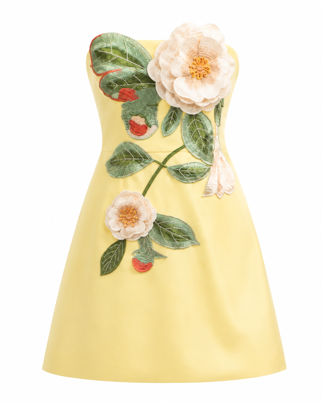 Strapless Embroidered Floral Mini Dress Yellow, view 1