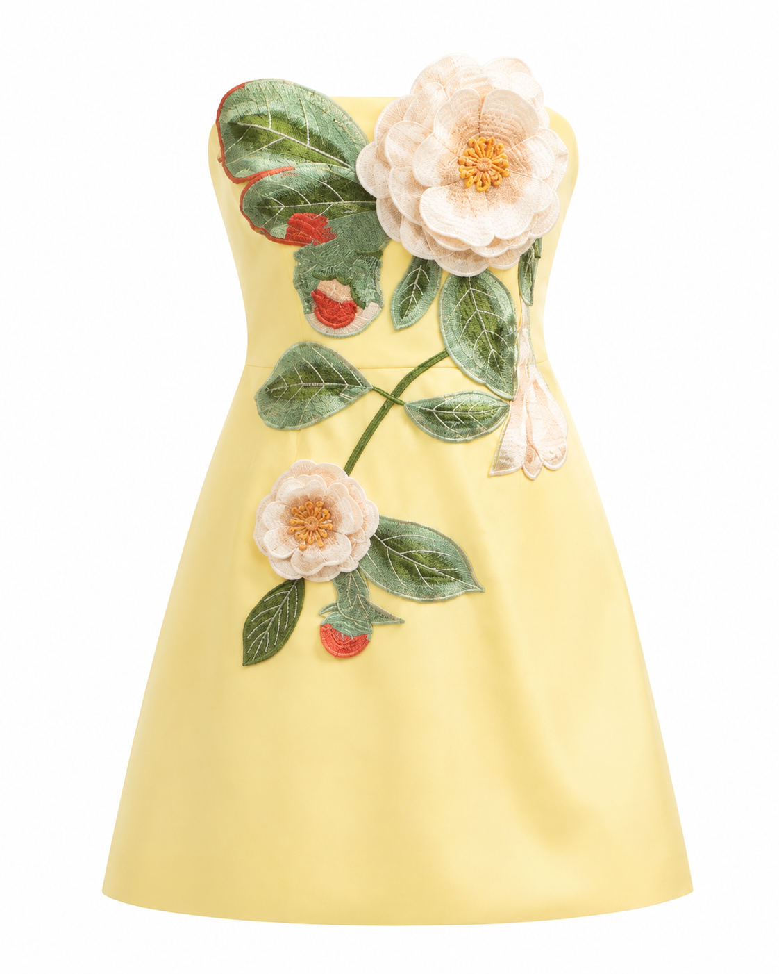 Strapless Embroidered Floral Mini Dress Yellow, view 1