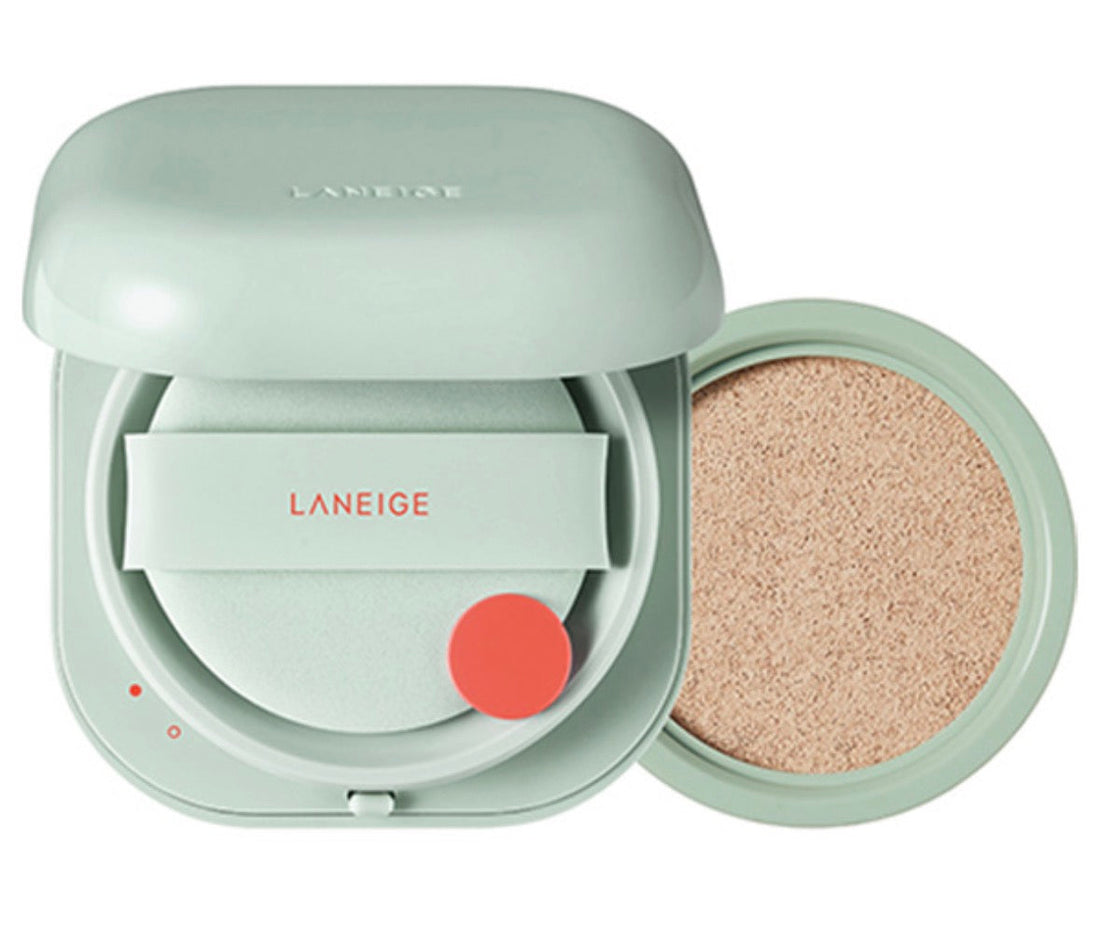 LANEIGE Neo Cushion Matte Foundation in 21C1 Cool Beige with refill set, shown in compact packaging on a clean surface