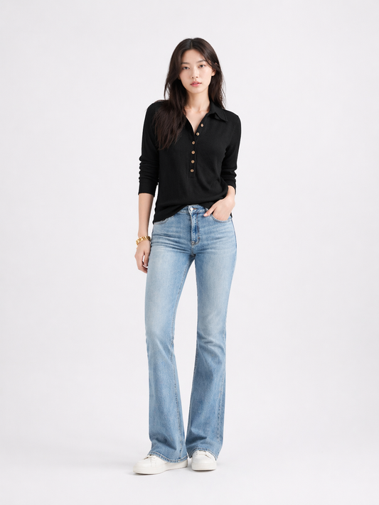 Woman wearing a relaxed loose-fit long sleeve button shirt in a minimal Korean casual style, styled with neutral basics for an effortless everyday look.