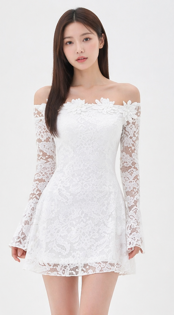 Woman wearing a white off-shoulder lace bodycon mini dress, styled for a summer party or date night occasion