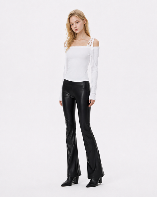 Bow-tied off-shoulder crop top with long sleeves and a soft bow neckline detail, styled as a feminine going-out look from Sakura K Beauty.