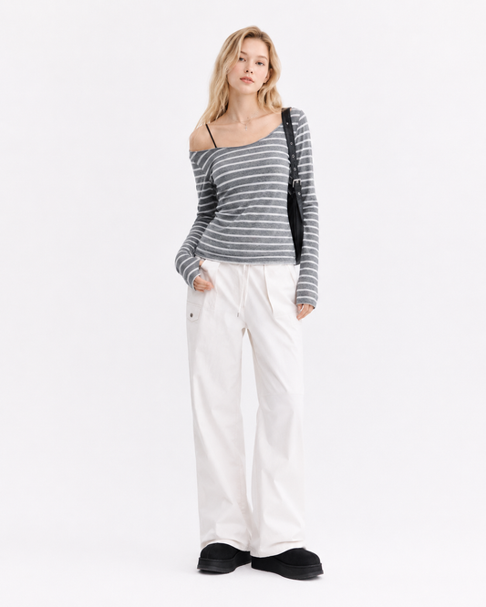 Dark gray striped layered long sleeve top with subtle strap detail, slim fit Korean streetwear style for spring and fall outfits