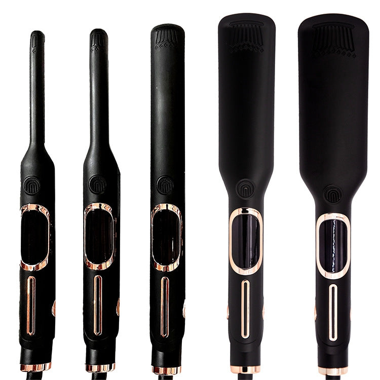 Negative ion flat iron with sleek ceramic plates shown at an angle, highlighting the professional hair straightener design