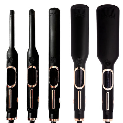 Negative ion flat iron with sleek ceramic plates shown at an angle, highlighting the professional hair straightener design
