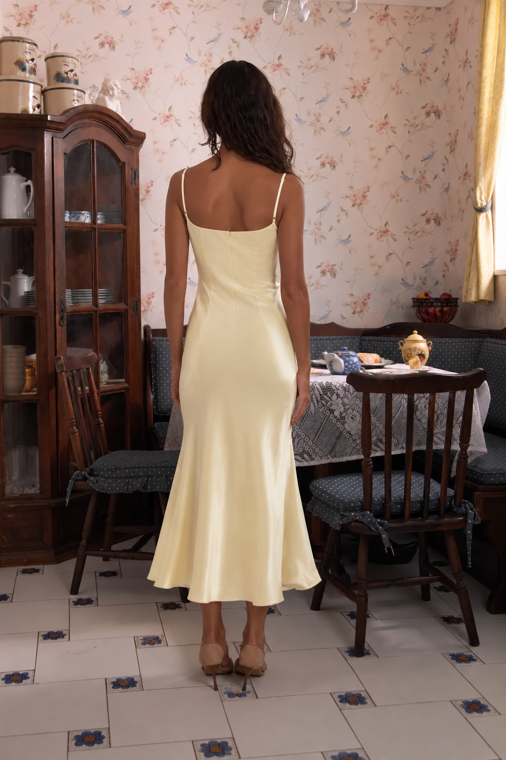 Satin Lace Midi Dress Yellow