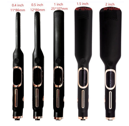Negative ion flat iron gliding through dark hair, showing smooth and shiny straightened results