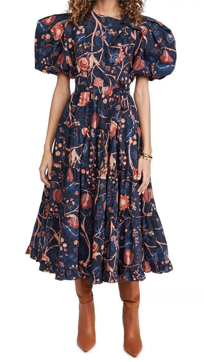 Women's Elegant Puff Sleeve Dress O-Neck High Waist Cotton Dress product image 2