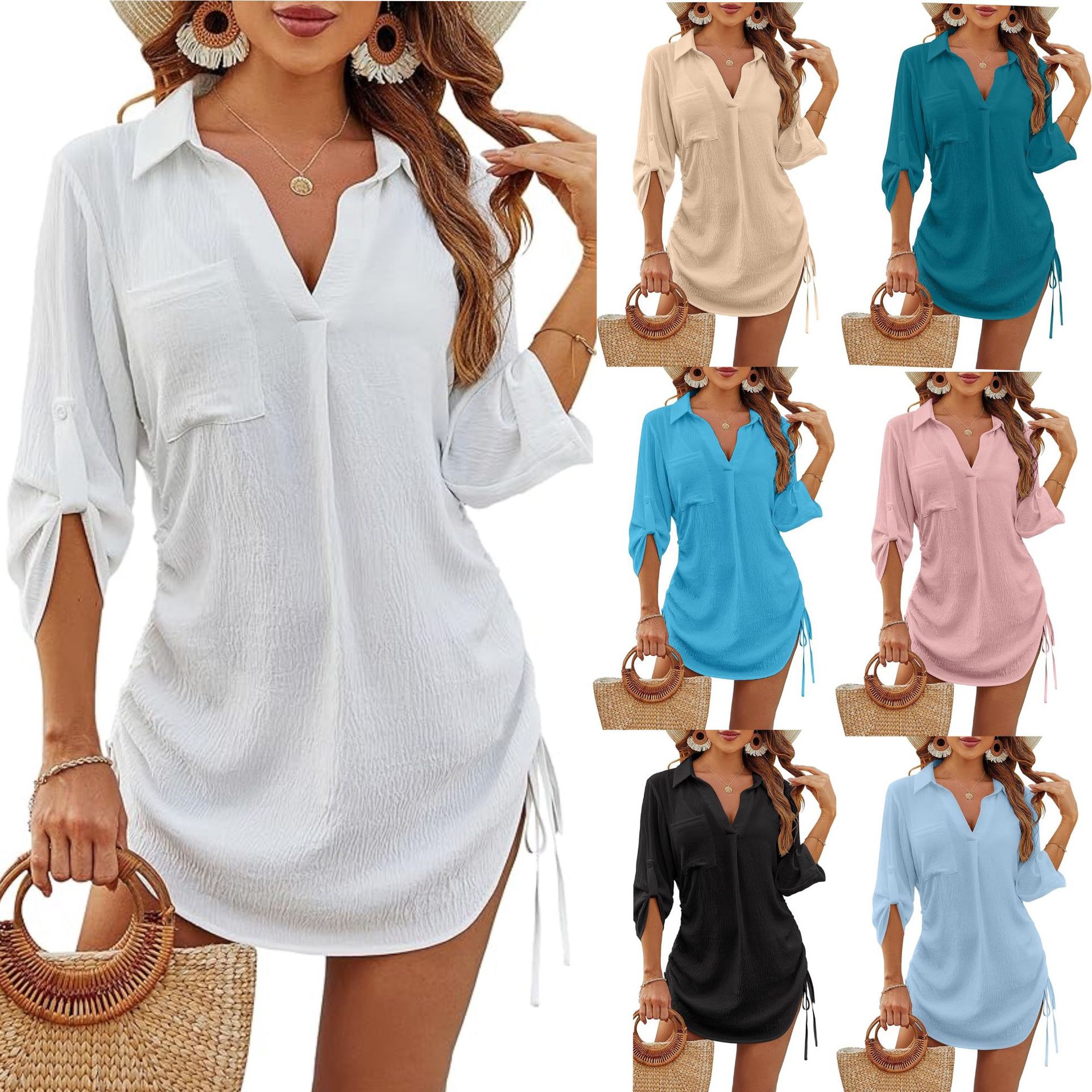 Women's loose drawstring cropped blouse with relaxed fit, shown in a casual everyday style