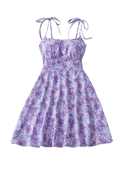 Women's floral print A-line midi dress with a casual summer style, shown in a close-up detail view