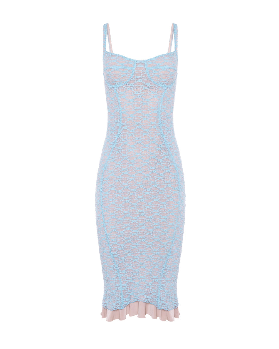Rose Cutout Back Lace Midi Dress Blue
