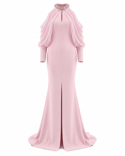 Halter Crystal Draped Maxi Dress Pink