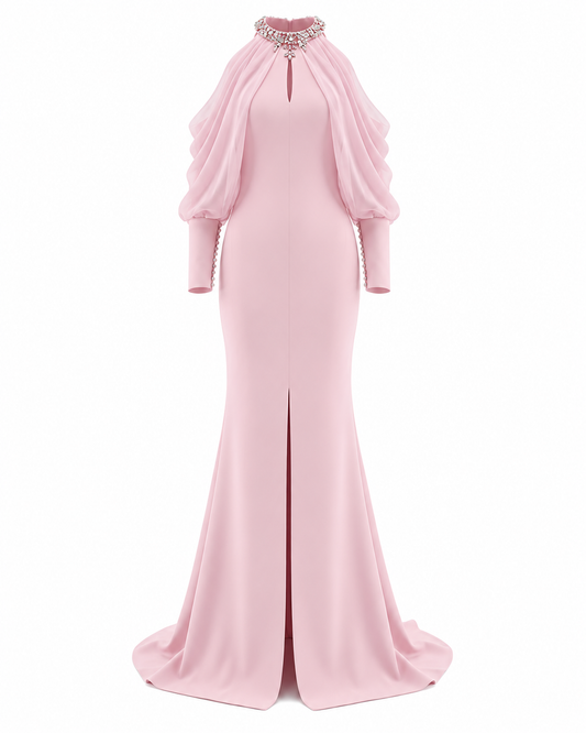 Halter Crystal Draped Maxi Dress Pink