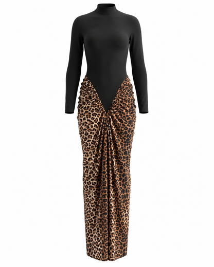 Draped Maxi Dress Black Animal Print